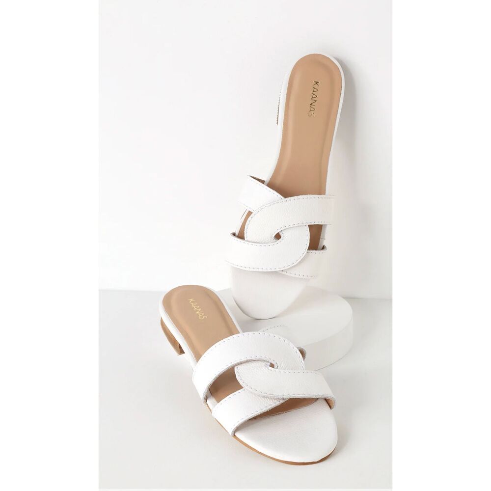 KAANAS Santorini White Leather Slide Sandals Size 9